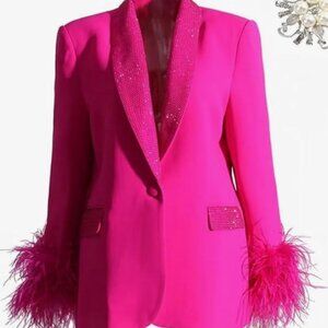 Women Blazer Coat Luxury Feather Decoration Diamond Jacket